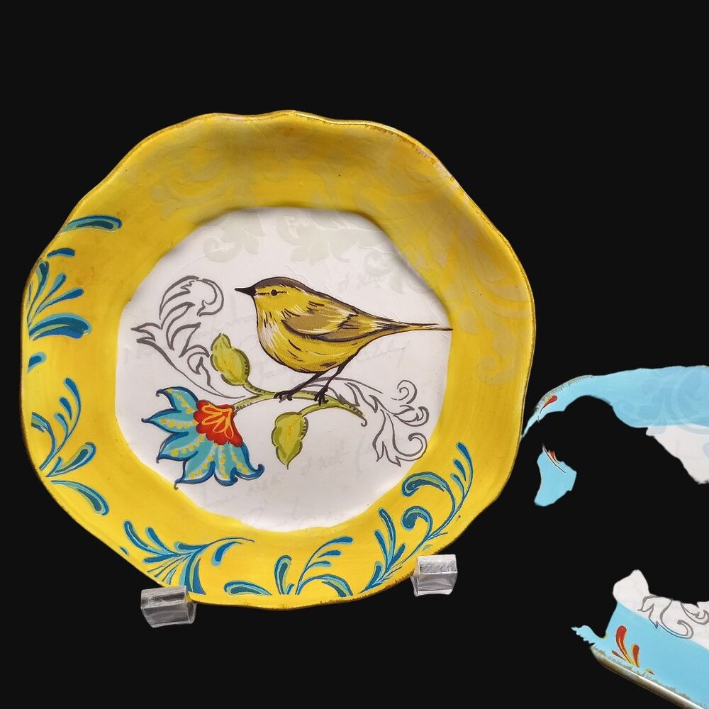 Ashland Michaels Folk Bird Plates Set Of 2 6 In Yellow Blue Shadow Script - Picture 2 of 9